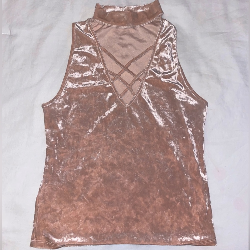 Pink velvet tank top with criss cross neckline